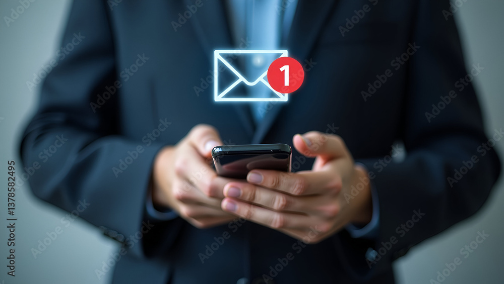 Businessman holding mobile phone with email symbol Businessman holding mobile phone with email symbol
