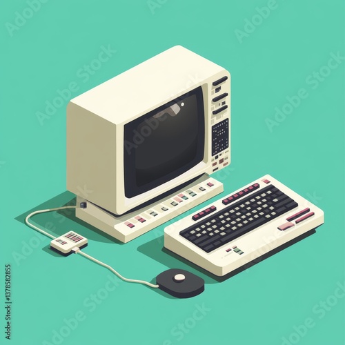 Isometric illustration of an old computer with floppy disk and retro design elements.