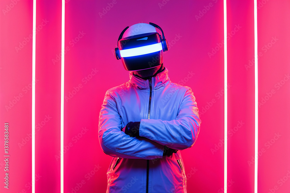 Futuristic VR experience in a neon-lit space Futuristic VR experience in a neon-lit space