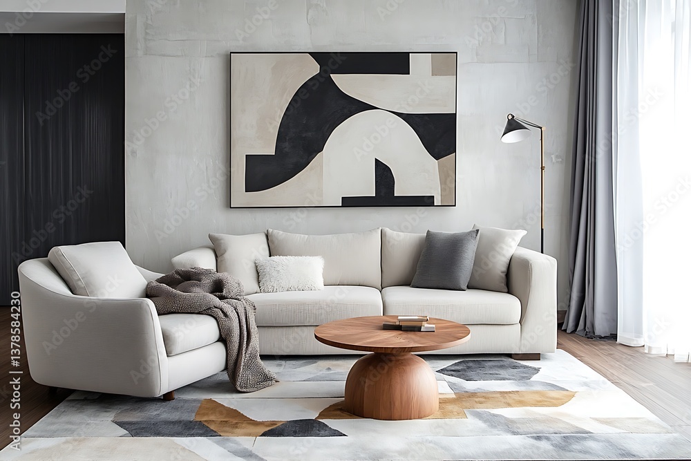 Fototapeta premium Elegant Living Room with White Sofa, Artwork, Round Table, and Stylish Decor