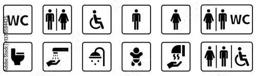 Toilet icons set, common male female restroom, handicap wheelchair access, sanitizer liquid soap, WC direction, baby changing table room, toilet signs, WC signs collection