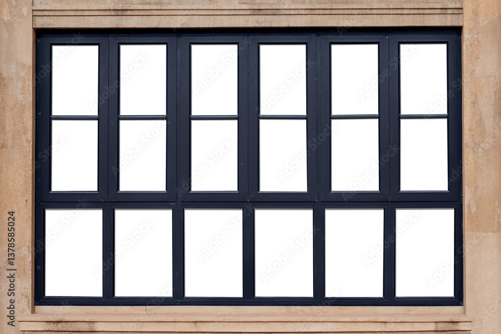 Antique traditional black Window wood frame on sand stone wall background