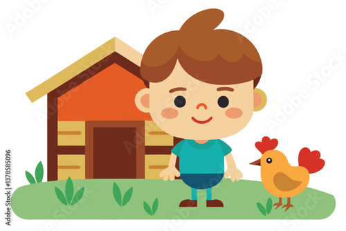 Cartoon Boy, Chicken, and Playhouse on Grassy Landscape with Transparent Background