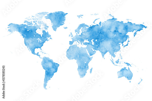 World Map Watercolor - Art Decorative Illustration of the World Map in Faded Blue Gray Colors - Ideally for Interior Print