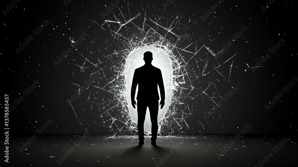 Fototapeta premium A solitary figure stands before a shattered barrier, symbolizing the journey through challenges and the emergence of new possibilities.
