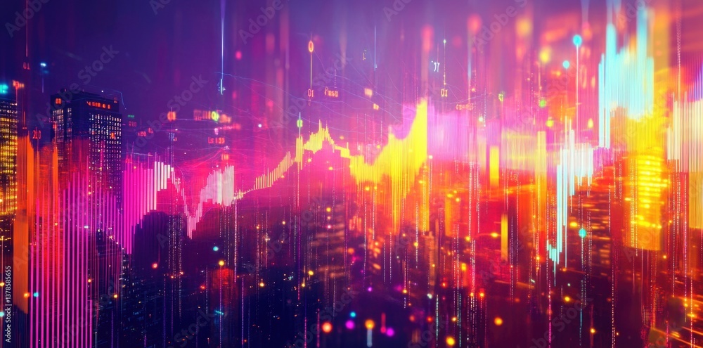 Vibrant city skyline illuminated by colorful digital patterns at night showcasing urban energy Vibrant city skyline illuminated by colorful digital patterns at night showcasing urban energy