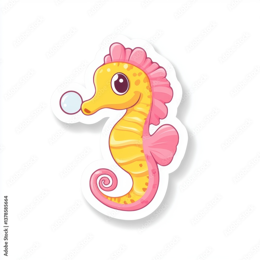 Fototapeta premium Cute Cartoon Seahorse with Bubble in Bright Colors for Kids