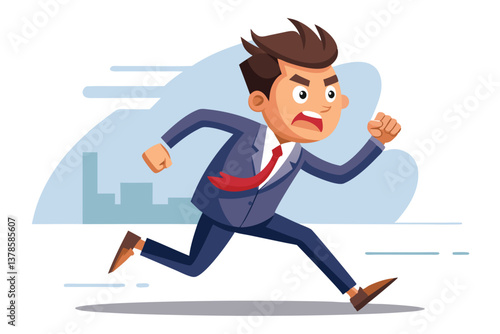 Cartoon Businessman Running Scared in Blue Suit and Red Tie on White Background