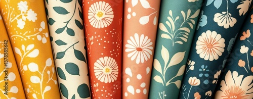 A vibrant collection of patterned fabrics showcasing floral and botanical designs. Perfect for creative projects, home decor, and artistic inspiration.