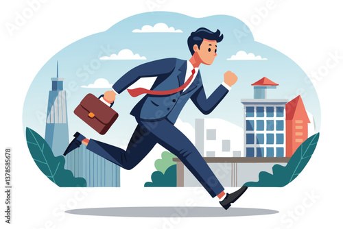 Cartoon Businessman Running with Briefcase in Cityscape Blue Suit Red Tie