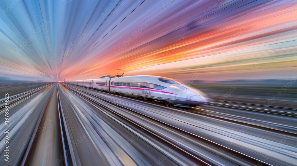 A high-speed train, a white high-speed rail running at its full fictional design A high-speed train, a white high-speed rail running at its full fictional design