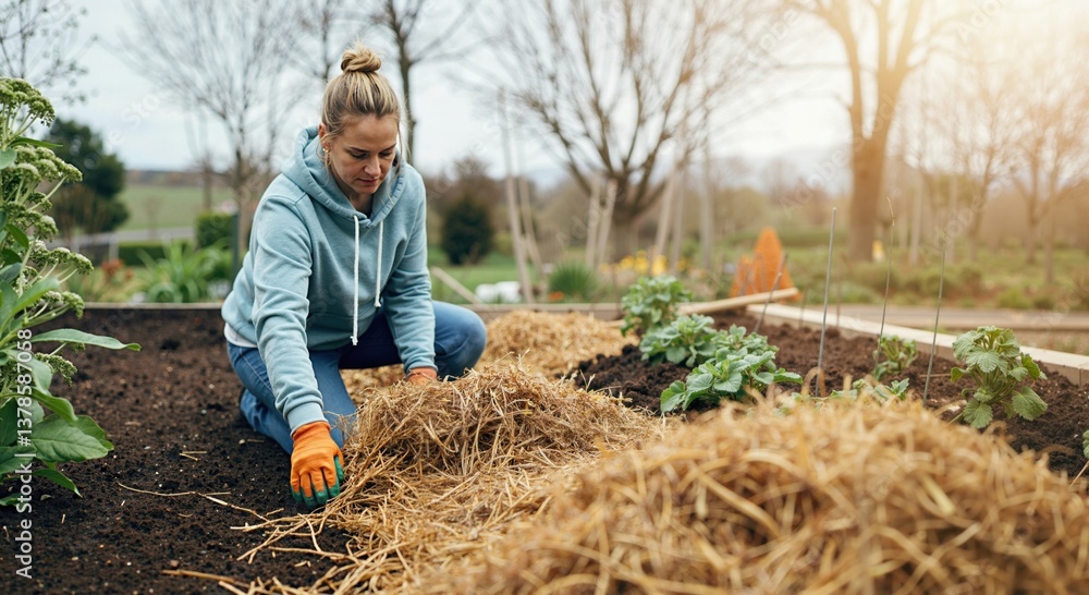 Woman gardener mulching her vegetable garden with straw for weed control, moisture retention and soil health improvement