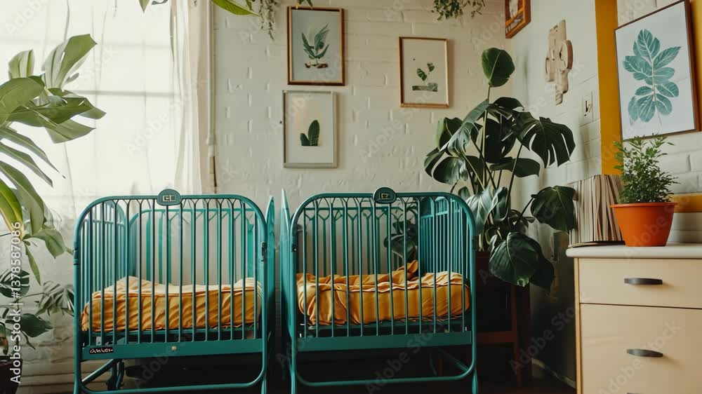 Modern nursery with two teal cribs surrounded by plants and art in a bright room