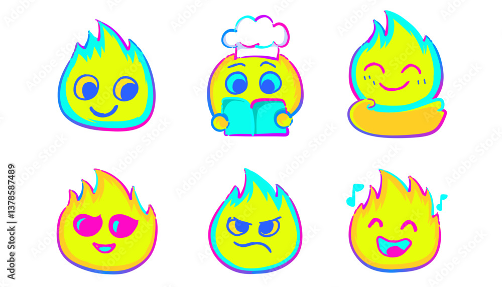 Fototapeta premium Cute & Expressive Fire Stickers - Neon Flame Emotions