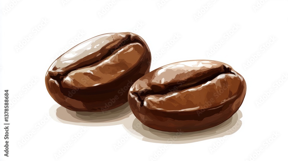 Detailed view of two shiny freshly roasted coffee beans isolated on pristine white background Detailed view of two shiny freshly roasted coffee beans isolated on pristine white background