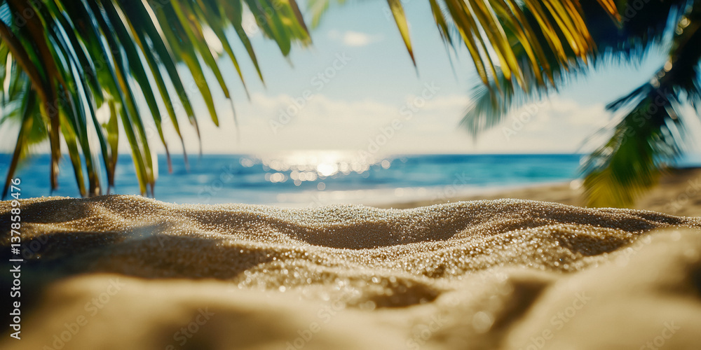 Close-up of sand on a beach, with palm leaves framing the ocean in the background.