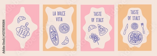 Hand-drawn Italian food doodles on colorful backgrounds. Includes pasta, pizza, bread, shrimp, and croissants. Perfect for menus, branding, flyers, or restaurant promotion.