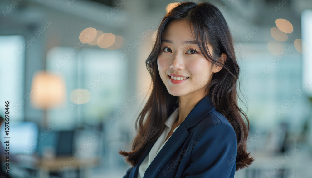 Fototapeta premium A portrait headshot photo of a friendly professional CEO executive business worker: A smiling young Asian businesswoman in a navy suit confidently looks at the camera in a modern office setting.