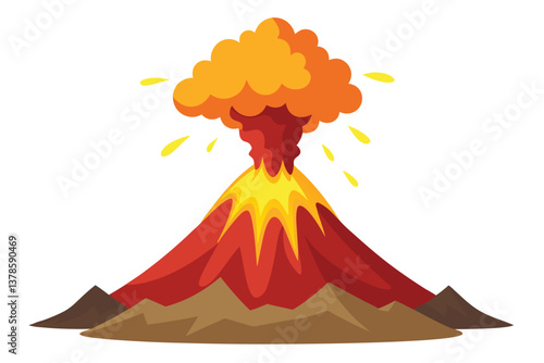 Cartoon Volcano Eruption with Lava on Brown Hills on Transparent Background