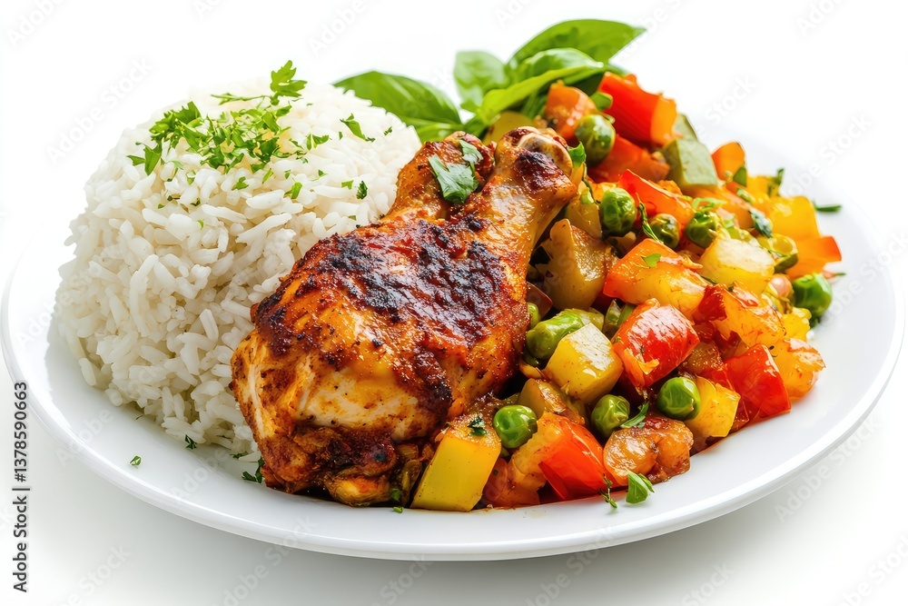 Food dish menu with jollof chicken, white rice, and mixed vegetables. AI generated illustration. Food dish menu with jollof chicken, white rice, and mixed vegetables. AI generated illustration.