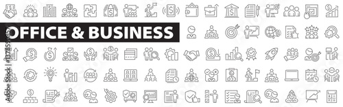 Office and Business icon set. Business team, meeting, partnership, startup, planning, company, management, profit, successful, teamwork, documents, devices, and more. Vector illustration