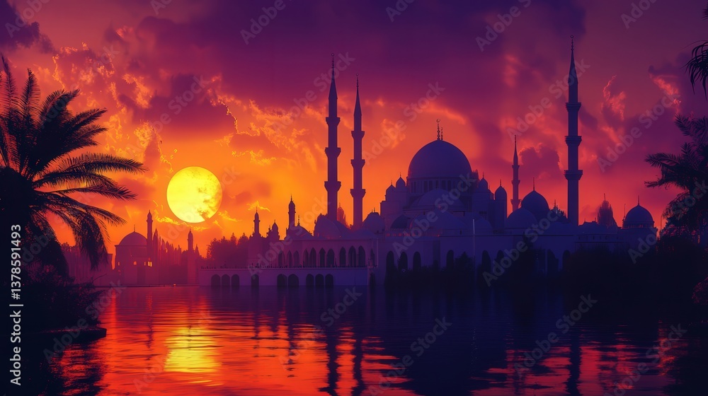 Fototapeta premium orange and purple, the shadow of a mosque reflects peace and spirituality at dusk.