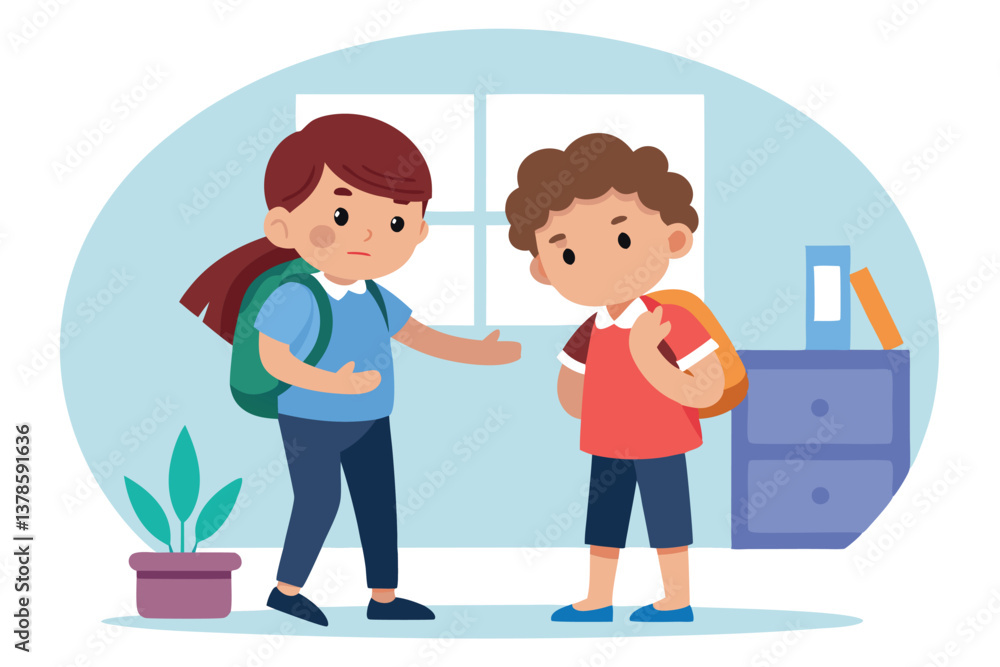 Cartoon School Kids with Backpacks Near Window in Room with Desk Cartoon School Kids with Backpacks Near Window in Room with Desk