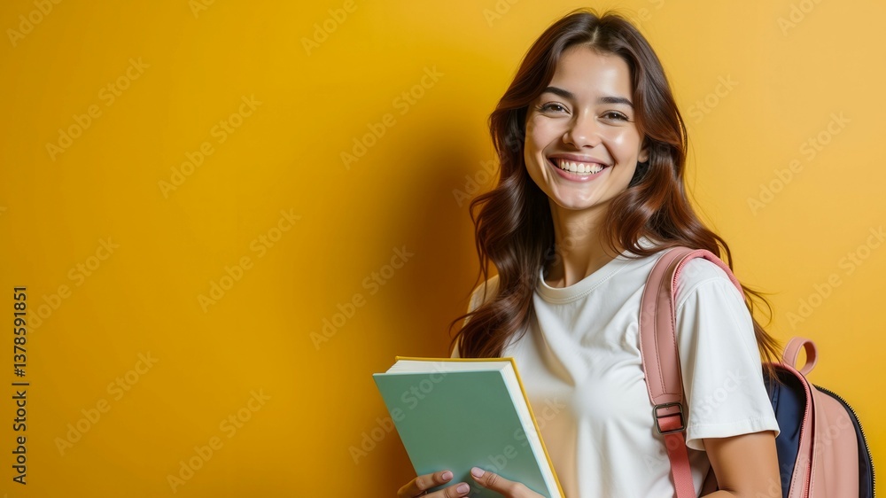 A woman is smiling and holding a book and a backpack. She is wearing a white shirt and has long hair A woman is smiling and holding a book and a backpack. She is wearing a white shirt and has long hair