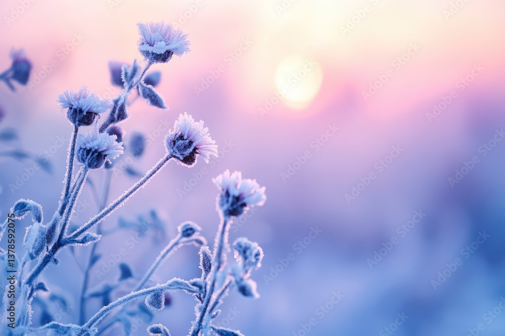 Naklejka premium Frozen icy flowers in winter field, frost-covered wildflowers. AI generated illustration.