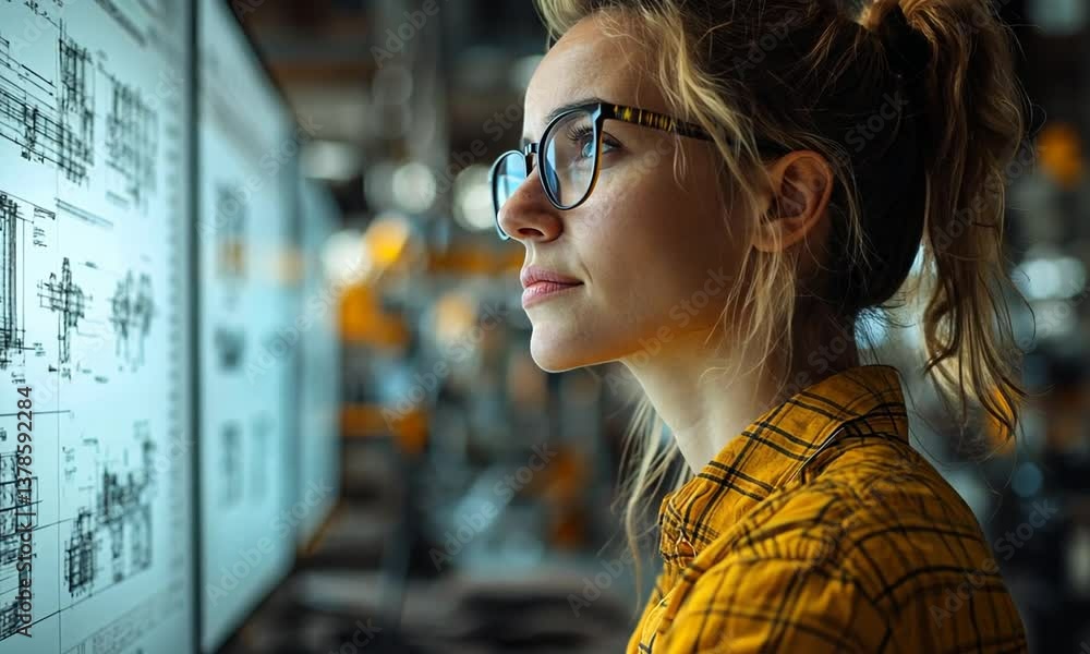Focused woman in glasses analyzing technical diagrams in a modern workspace with machinery Focused woman in glasses analyzing technical diagrams in a modern workspace with machinery