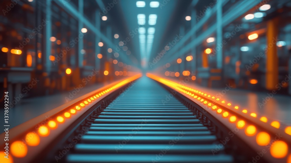Endless industrial conveyor belt illuminated with rows of warm lights Endless industrial conveyor belt illuminated with rows of warm lights