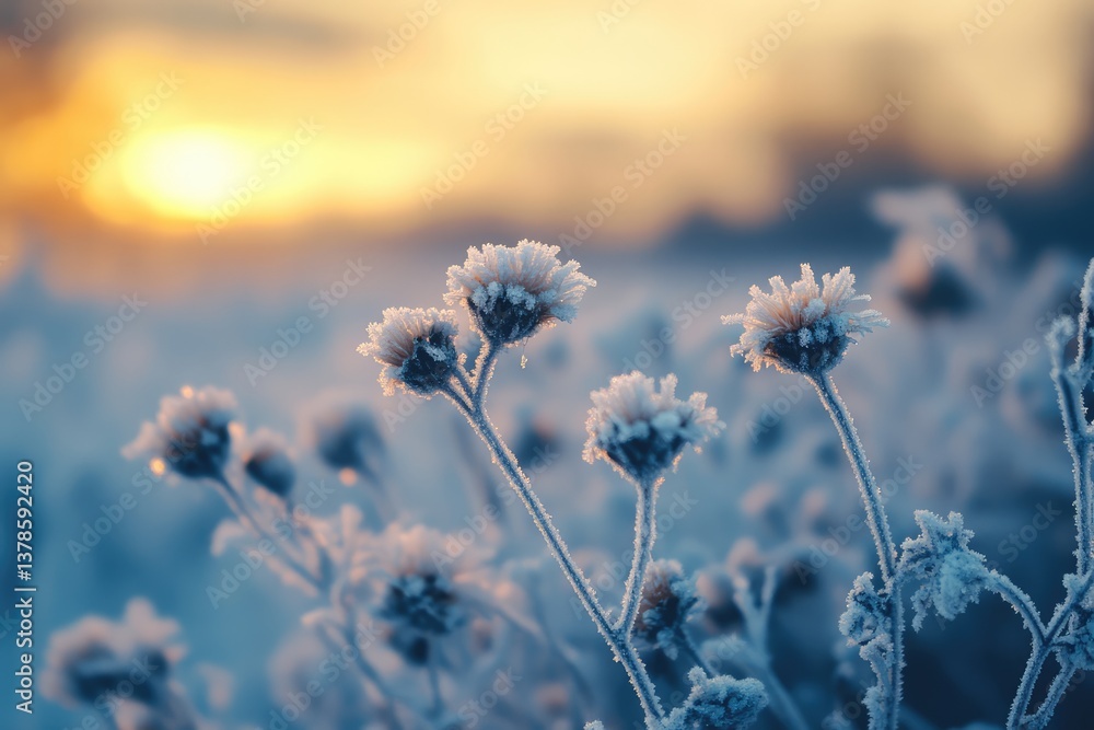 Frozen icy flowers in winter field, frost-covered wildflowers. AI generated illustration. Frozen icy flowers in winter field, frost-covered wildflowers. AI generated illustration.