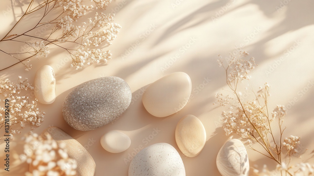 nature-inspired scene featuring stones and dry flowers, arranged harmoniously on a beige background. nature-inspired scene featuring stones and dry flowers, arranged harmoniously on a beige background.