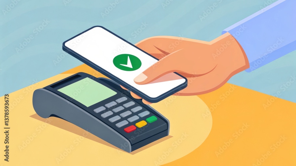 A hand using a smartphone to make a contactless payment at a card reader on a table. A hand using a smartphone to make a contactless payment at a card reader on a table.