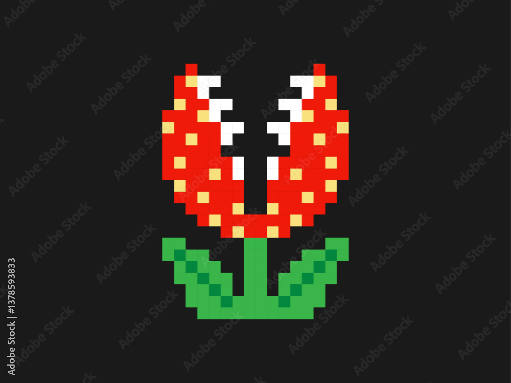 Obraz premium Biting, eating flower 8-bit element. Flytrap plant pixel game art icon. 