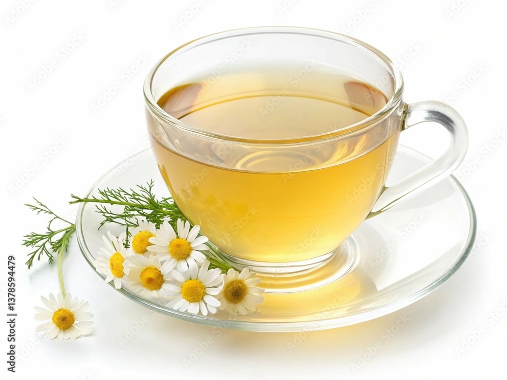 Glass Teacup with Bright Yellow Chamomile Tea on a White Saucer Glass Teacup with Bright Yellow Chamomile Tea on a White Saucer