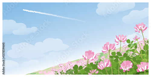 青空のもと一面に広がるれんげ畑 遠近感のある背景イラスト