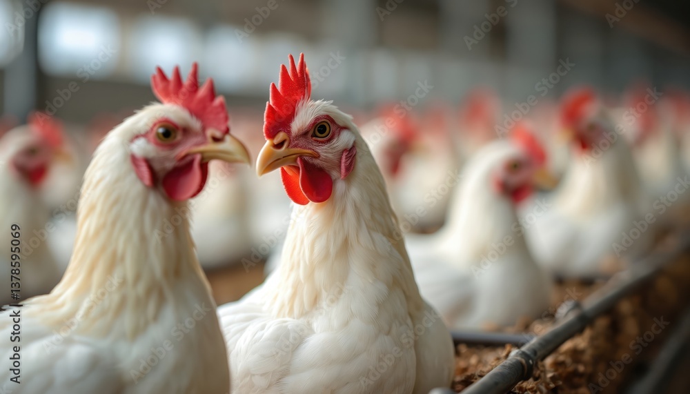 Fototapeta premium Close-up white hens with red comb in poultry farm. Domestic birds at commercial chicken farm. Egg production, poultry farming, animal industry. Livestock farming. Agriculture.