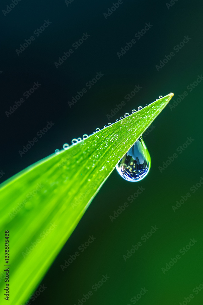 Close-up of a water drop hanging from the tip of a green leaf against a dark background.