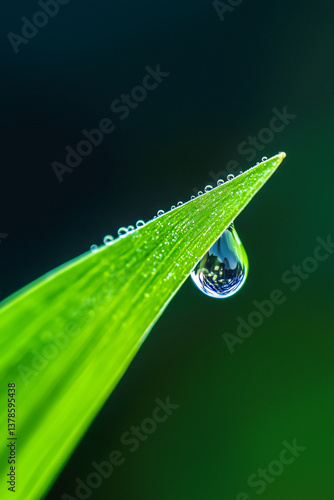 Close-up of a water drop hanging from the tip of a green leaf against a dark background.