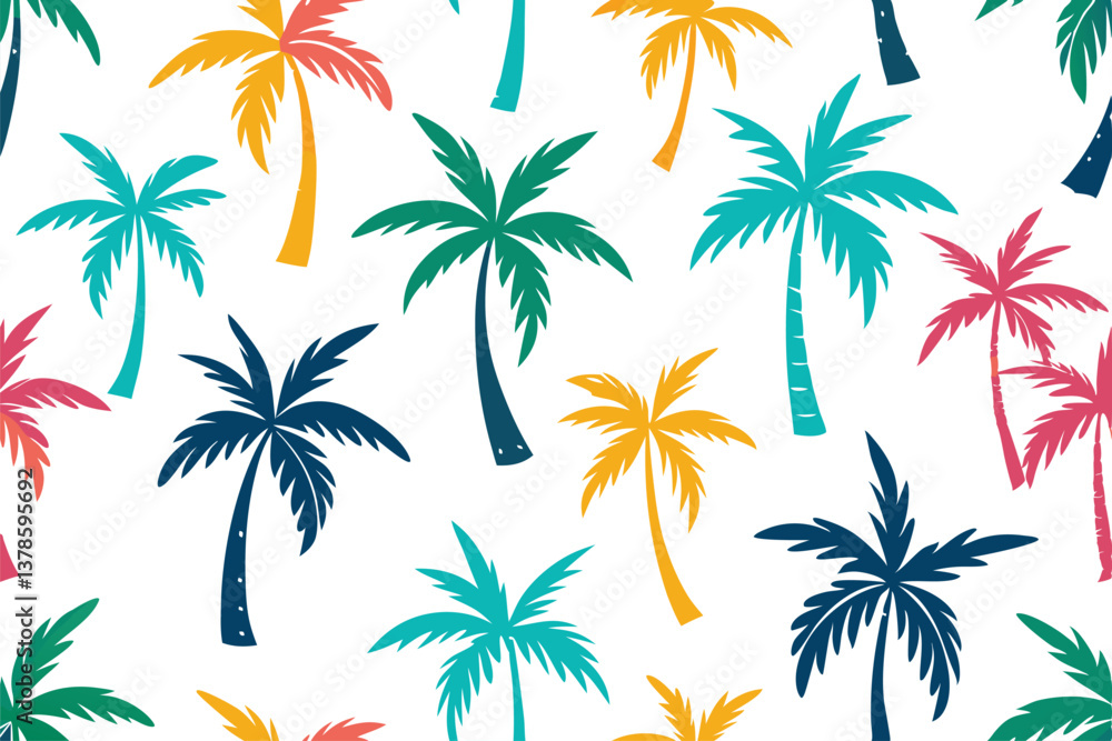 Obraz premium Colorful Palm Tree Pattern on White Background, Tropical Foliage Design, Summer Vibe