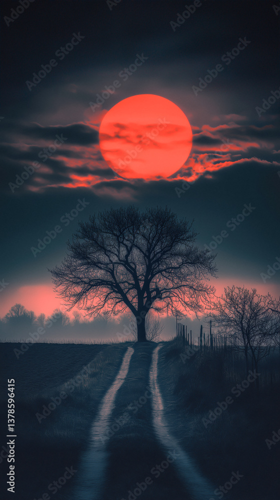 A dark landscape with a silhouetted tree against a red moon and cloudy sky. Ideal for a book cover with copy space.