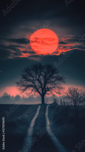 Obraz na płótnie A dark landscape with a silhouetted tree against a red moon and cloudy sky. Ideal for a book cover with copy space. w salonie