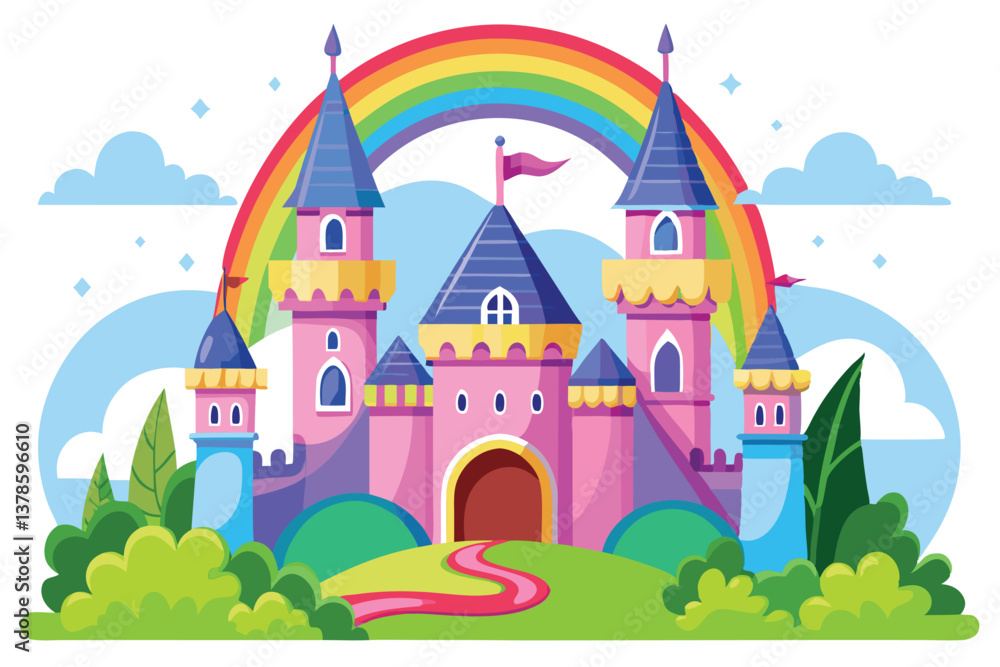 Fototapeta premium Colorful Cartoon Castle with Rainbow, Towers, Clouds, and Lush Greenery Landscape