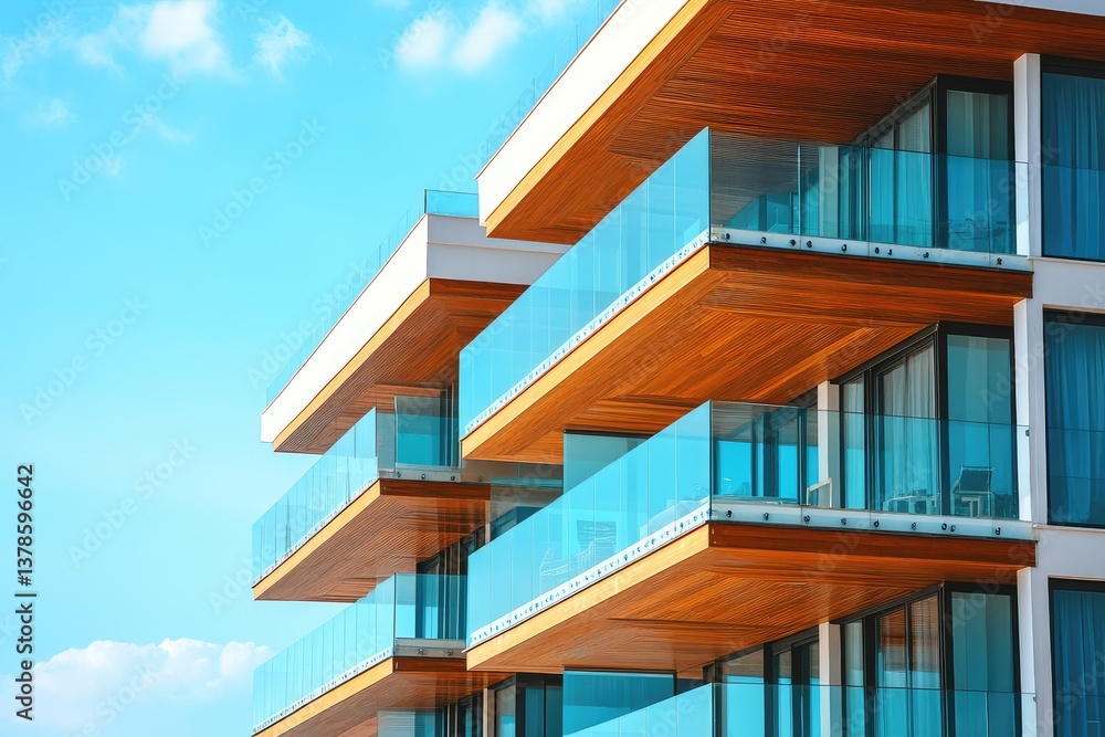 Obraz premium Glass balconies on modern apartment complex near the sea. AI generated illustration.