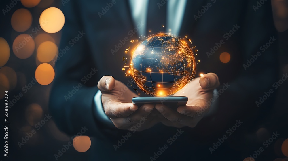 Man Holds Glowing Digital Earth on Smartphone with Dark Background Bokeh Lights
