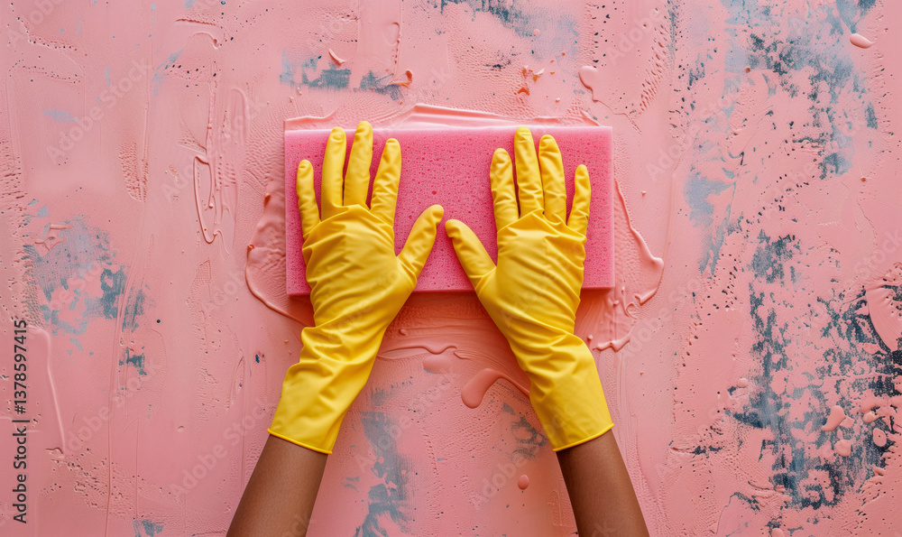 Close-up of hands in yellow gloves holding a pink sponge against a pink and blue textured background.