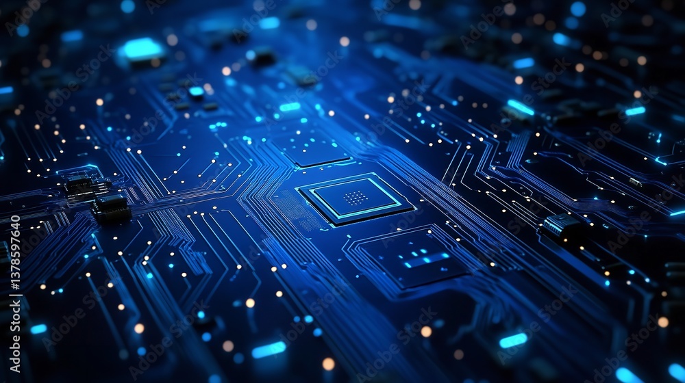 Glowing Circuit Board Tech Closeup Deep Blue Digital Network with Bright Luminous Pathways Glowing Circuit Board Tech Closeup Deep Blue Digital Network with Bright Luminous Pathways