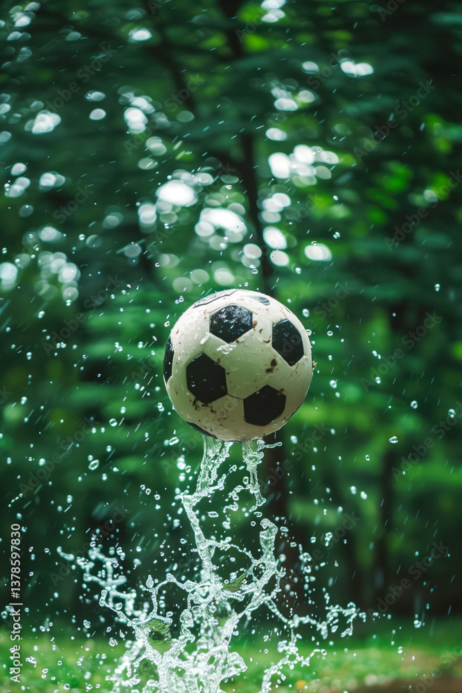 Soccer ball in water splash, ideal for book cover with copy space.