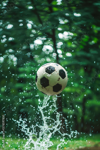 Obraz na płótnie Soccer ball in water splash, ideal for book cover with copy space. w salonie